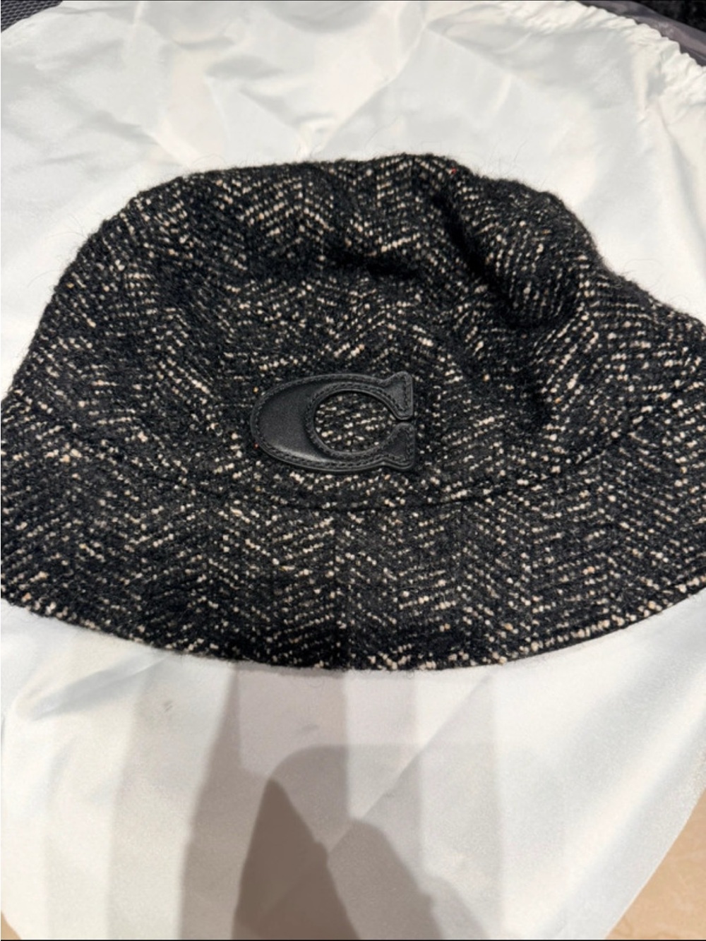 Coach Black Tweed Bucket Hat with Cream Flecking and Leather 'C' Patch